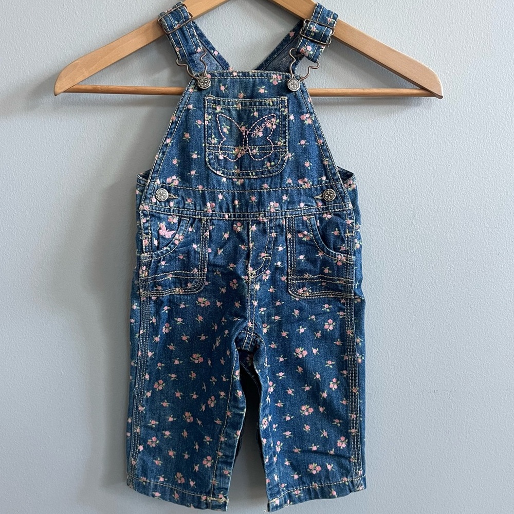 OshKosh B’Gosh Girls Floral Denim Overalls Size 9 Mo. Spring Vestbak Butterfly